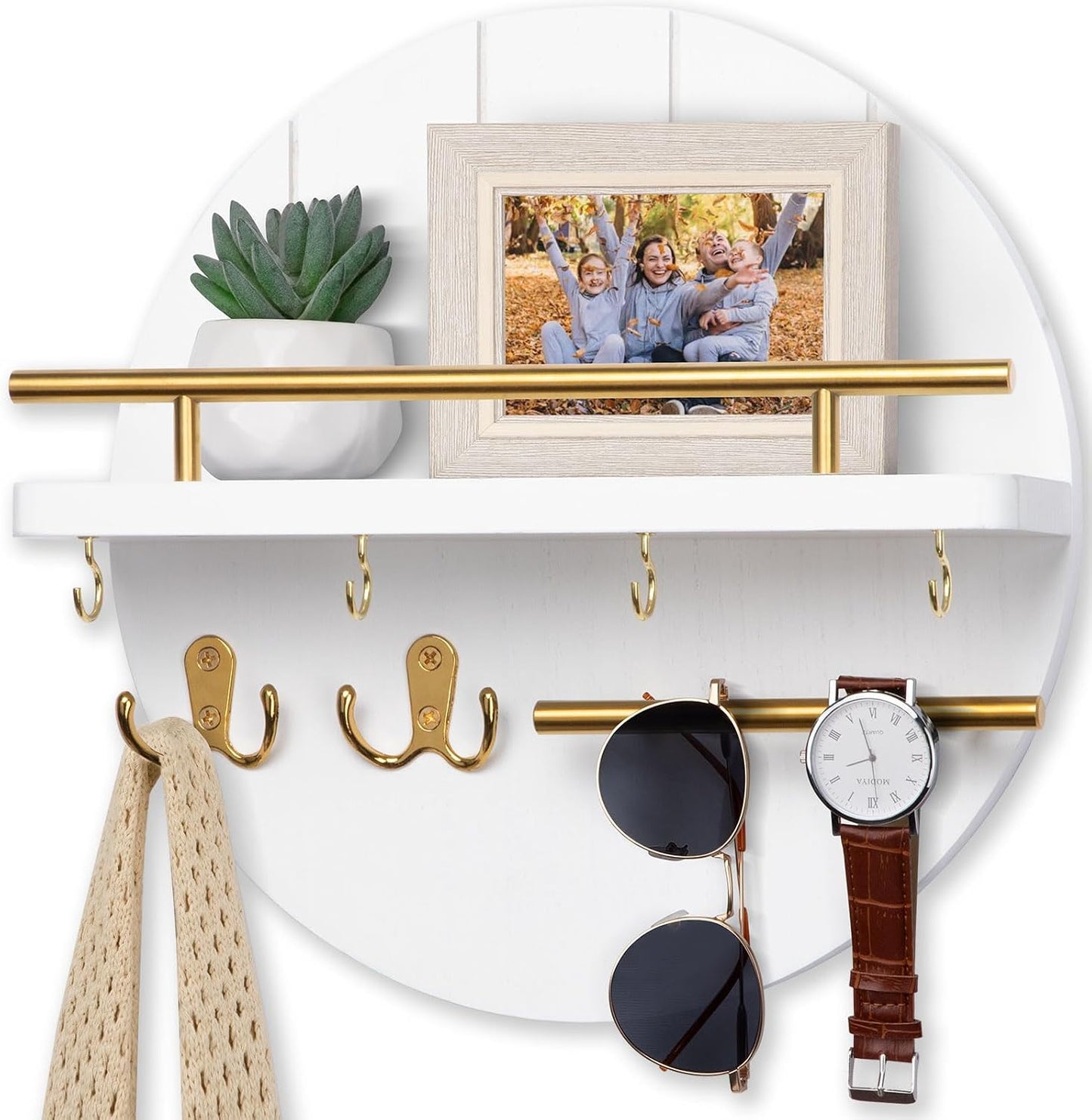Nekon Key Holder Wall Mount, 11.8” Wood Mail Organizer for Wall, Brown | Round Wall Shelf with 6 Key Hooks, Rustic Key and Mail Holder, Key Hanger for Entryway Hallway Kitchen