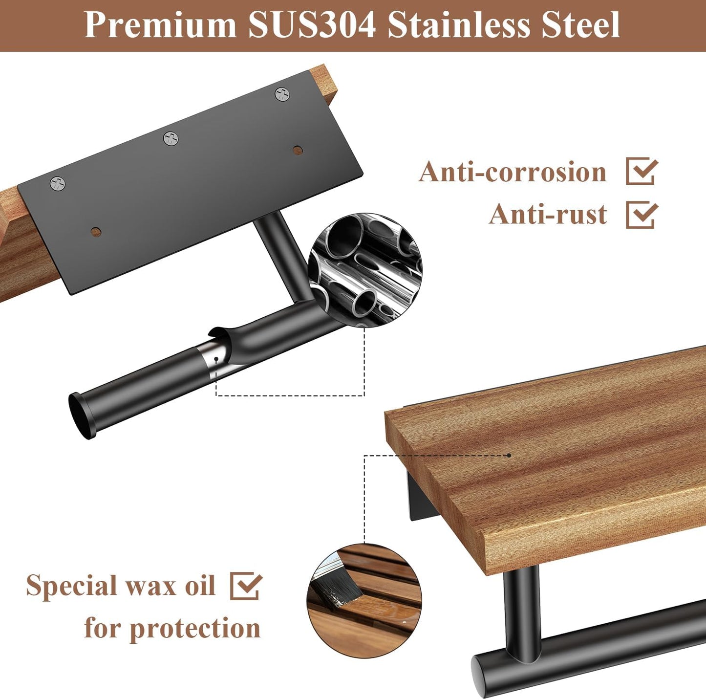 Tindbea Toilet Paper Holder with Wood Shelf, Wooden Wall Mount Tissue Paper Roll Holder, Matte Black Stainless Steel Bathroom Accessories Decor Household Home Apartment Restroom Essentials (Walnut)