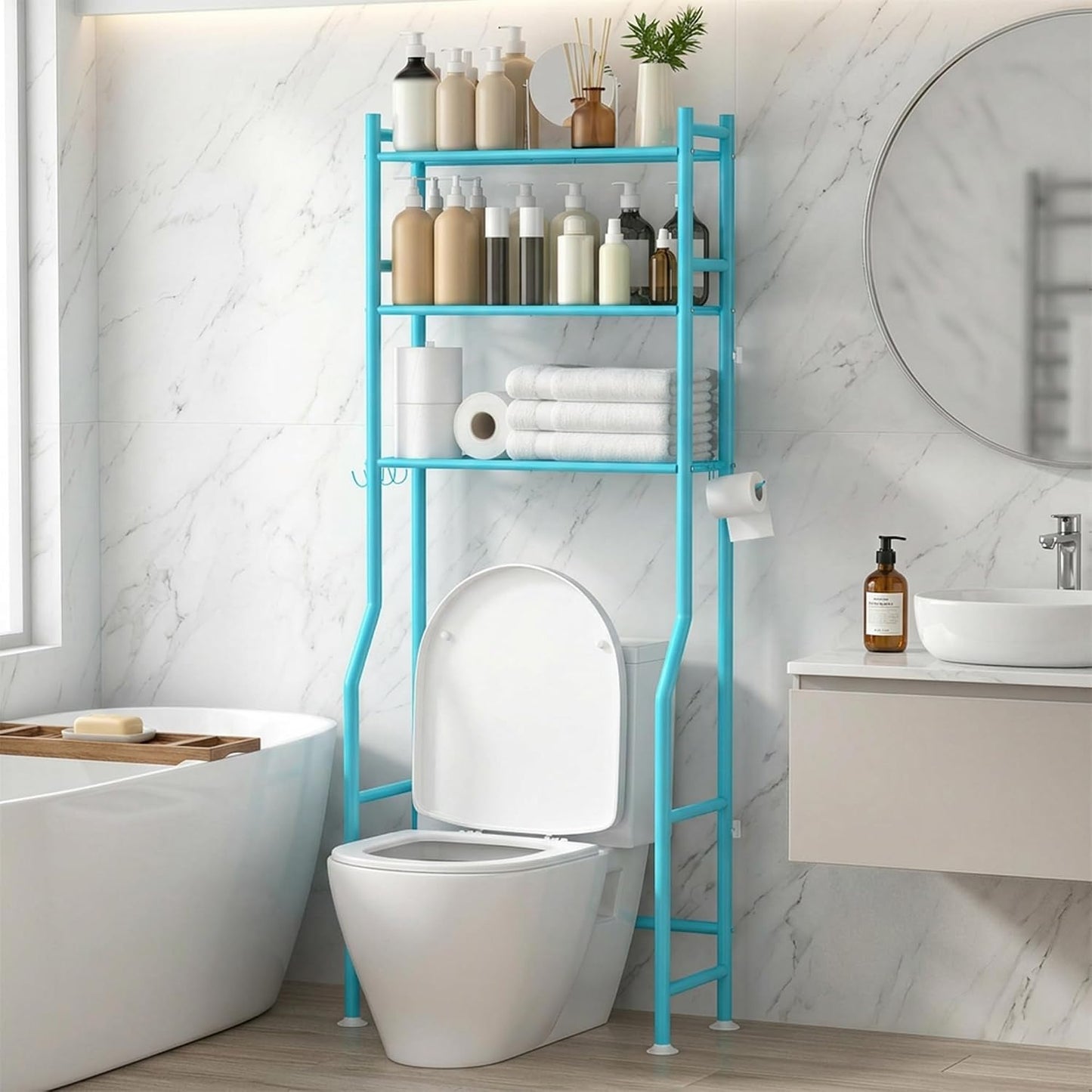 GloTika 3-Tier Over Toilet Storage, Anti-Tilt, 64" H, Black | Anti-Tilt Safety System, 150lb Capacity, Carbon Steel, Freestanding, No Drilling, Anti-Rust Coating, Paper Holder & 4 Hooks