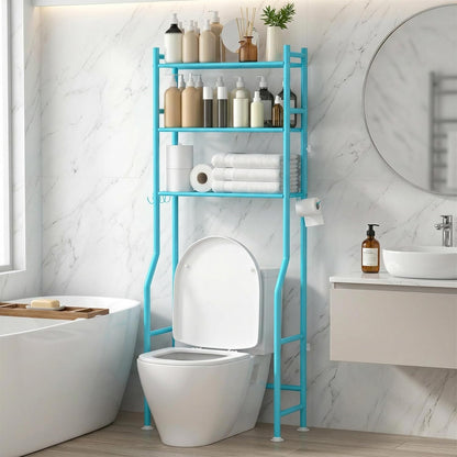 GloTika 3-Tier Over Toilet Storage, Anti-Tilt, 64" H, Black | Anti-Tilt Safety System, 150lb Capacity, Carbon Steel, Freestanding, No Drilling, Anti-Rust Coating, Paper Holder & 4 Hooks