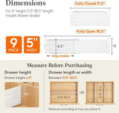 Lifewit 8" Tall Drawer Dividers, Adjustable Deep Drawer Organizer Clothes | 4 Pack 13.8"-22.2" Expandable White Plastic Separators for Dresser, Kitchen, Cabinet, Closet, Office Organization & Storage