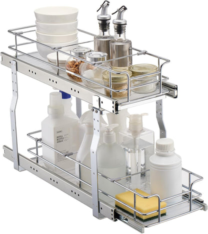 VEVOR Pull Out Cabinet Organizer, 14" Wx21.2 Dx15.2 H Heavy 2 Tier Duty Slide Out Pantry Shelves, Chrome-Plated Steel Roll Out Drawer for Under Sink, 15.5" Wx22.5 Dx19 H Install Size for Cabinet