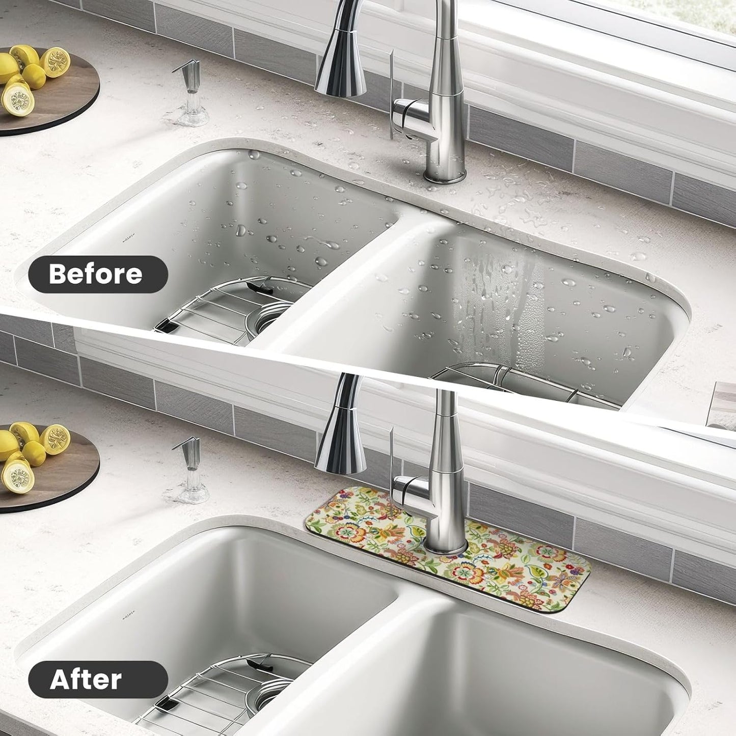 Boho Floral Mandala Yellow Faucet Splash Guard Mat for Kitchen Sink 15x5.5" | FDNUPIAN Kitchen Sink Splash Guard Faucet Faucet Guard Draining Mat Sink Splash Faucet Bathroom