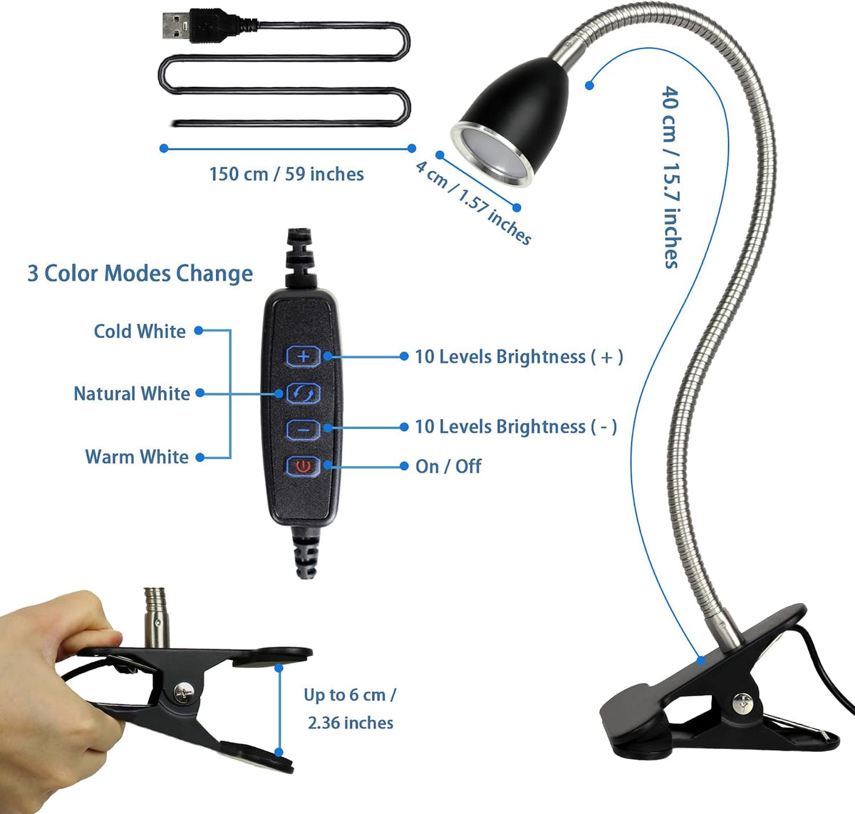 LALISU Desk lamp Eye-Caring Table Lamps, 360°Rotation Gooseneck Clip Lamp