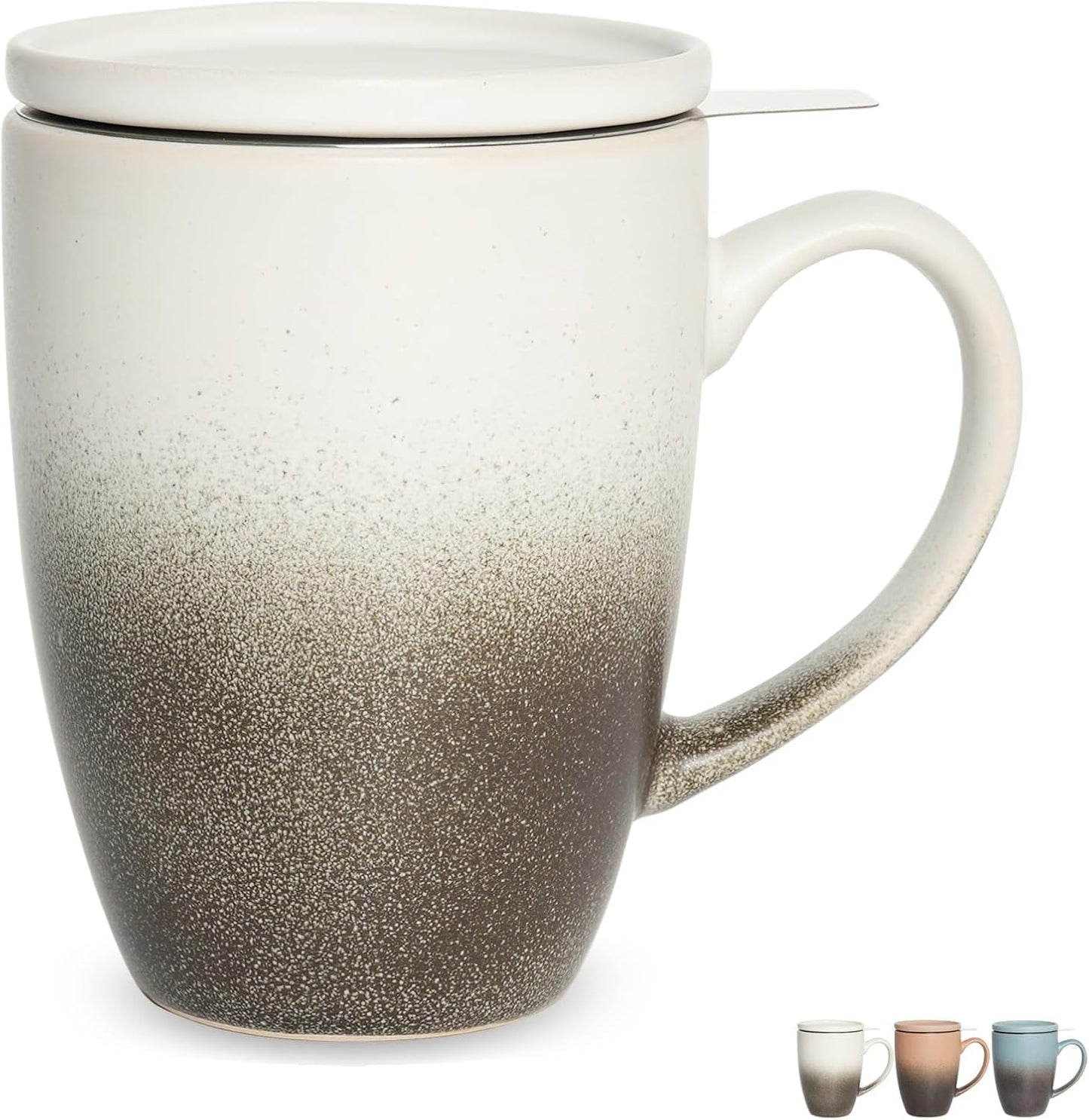 Bosmarlin Ceramic Tea Cup with Infuser and Lid, 13.5 Oz, Loose Leaf Tea Steeper Mug with Strainer, Microwave and Dishwasher Safe, Reactive Glaze (13.5 Oz, Pale Green)