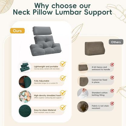 2-Piece Neck Pillow Lumbar Support Cushion for Recliner, Ergonomic High-Density Foam Backrest with Adjustable Headrest, Soft Comfy Back Support for Office Chair, Sofa, Couch, Pain Relief, Beige