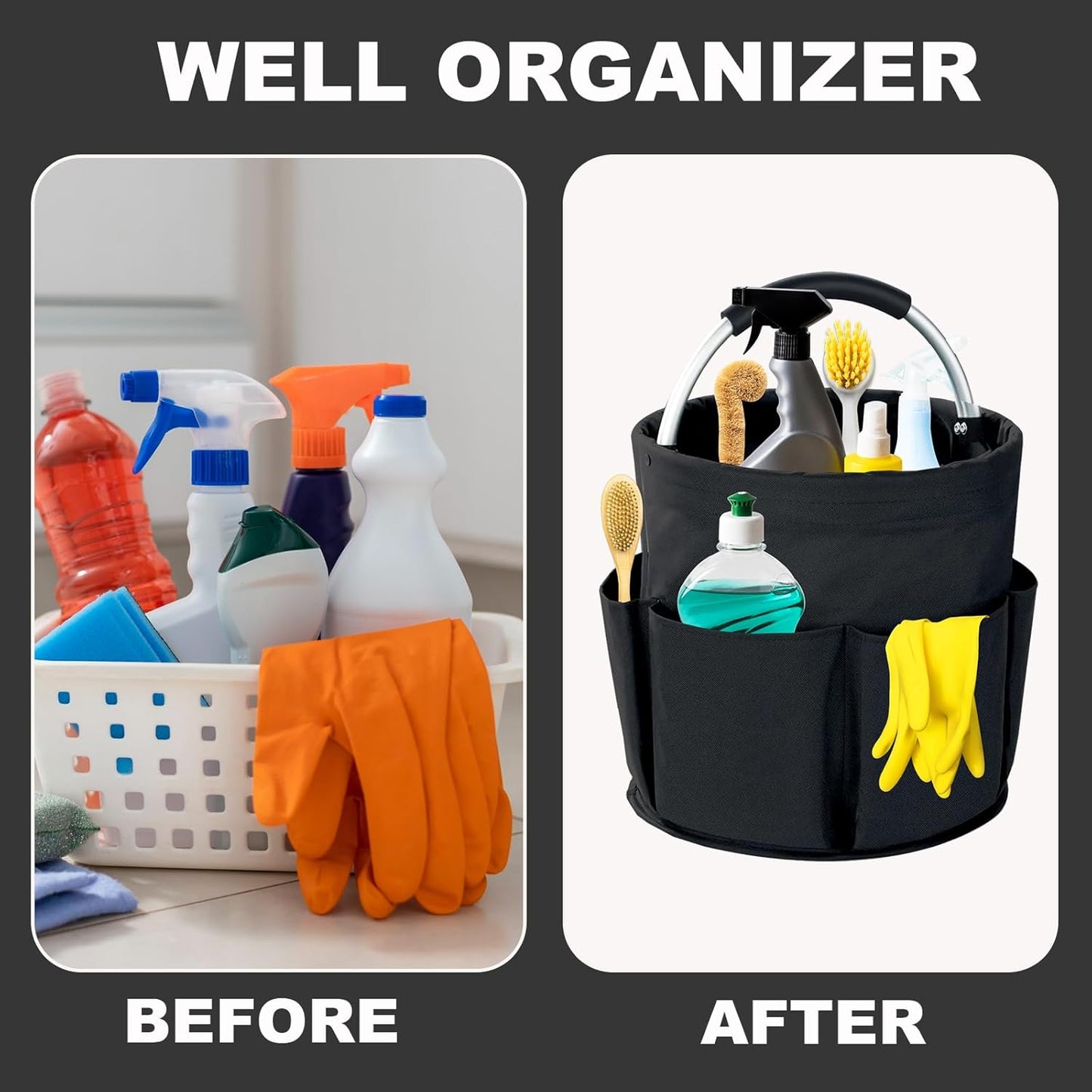 Cleaning Caddy with Handle, 17L Foldable Cleaning Supplies Organizer, Portable Storage Basket, Cleaning Supply Caddy, Multifunctional Cleaning Bucket Bag for Garden, Home, Kitchen (Black)