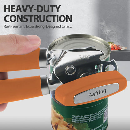 Safring Can Opener Manual, Heavy Duty Handheld Strong Can Opener with Soft Touch Handle, Sharp Blade Smooth Edge, Can Openers with Multifunctional Bottle Opener, Black