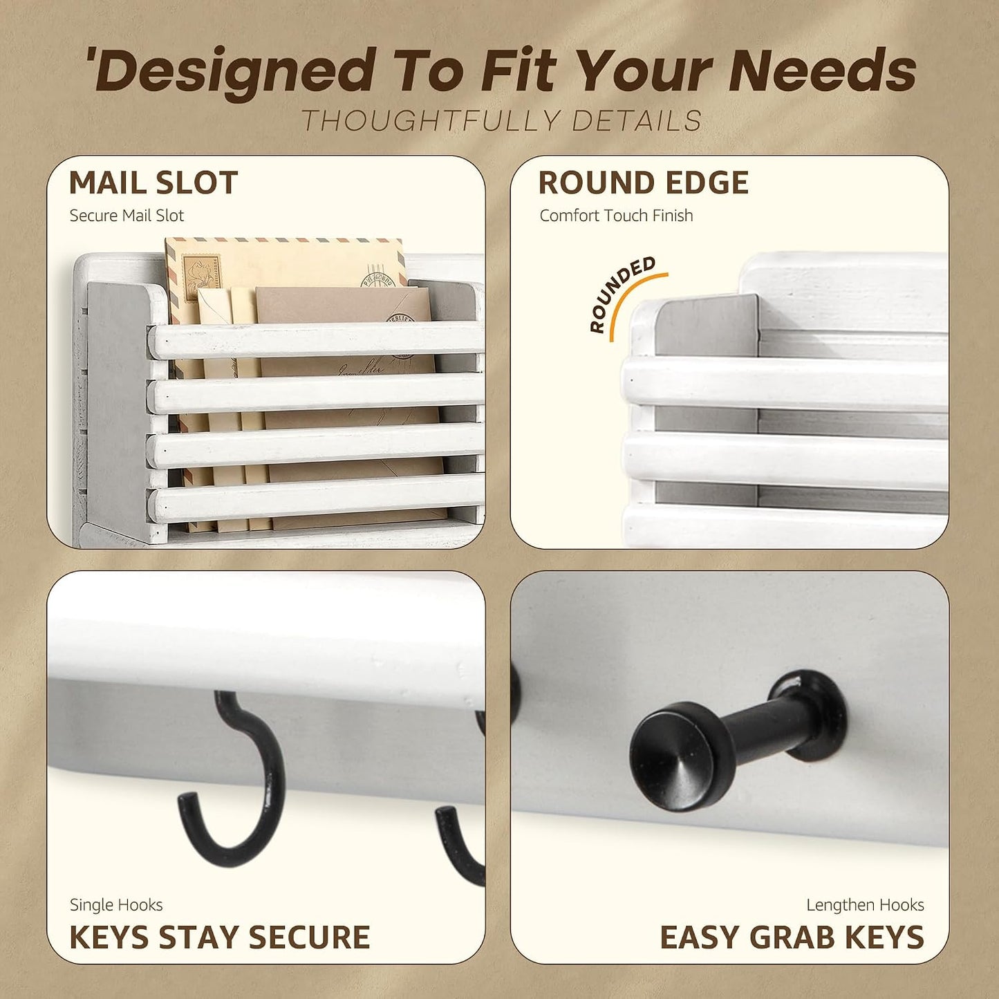 Rebee Vision Key Holder Wall Mount with Mail Slot for Entryway, Retro Brown | Pine Wood, Key Holder for Wall, 8 Hooks for Dog Leashes, Floating Shelf, Mail Sorter, New Home Essentials, Entryway Storage