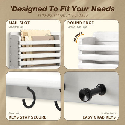 Rebee Vision Key Holder Wall Mount with Mail Slot for Entryway, Retro Brown | Pine Wood, Key Holder for Wall, 8 Hooks for Dog Leashes, Floating Shelf, Mail Sorter, New Home Essentials, Entryway Storage