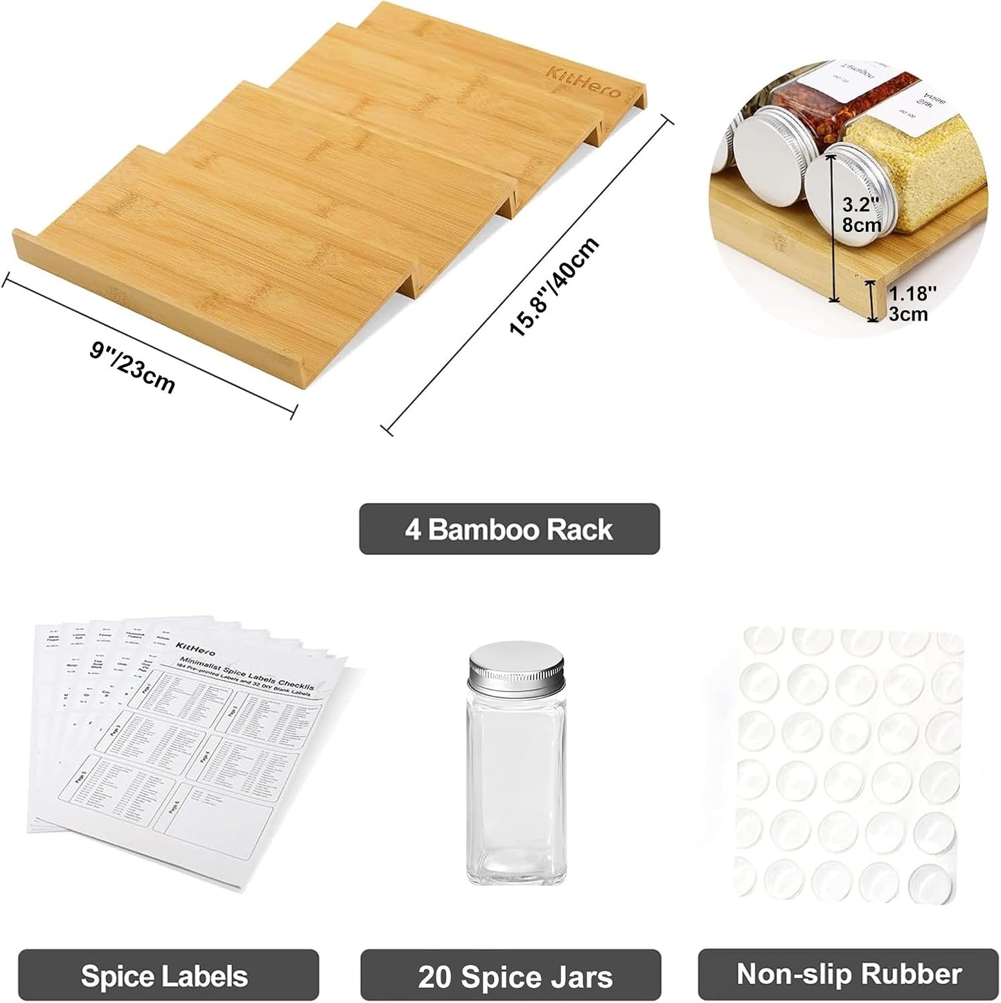 Spice Drawer Organzier,4 Tiers Bamboo Spice Rack Tray Insert for Cabinet Drawer Countertop, Kitchen Seasoning Storage Drawer Organization,14.57" Wide x 15.8" Deep （Hold UP To 32 Jars