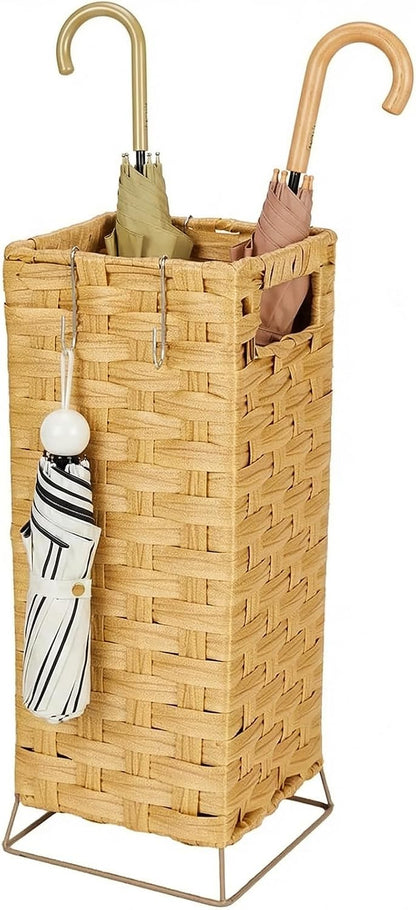 Rattan Umbrella Holder Basket Stand for Entryway | Handwoven, Indoor Umbrella Storage with Waterproof Base, Durable Metal Hooks & Removable Drip Tray