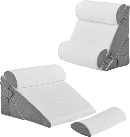 Bedluxe Wedge Pillow Headboard, 3PCS Orthopedic Bed Wedge Pillows Set for After Surgery, Adjustable Pillow Wedge for Acid Reflux&Back Pain Relief, Sleeping, Back Pillow for Bed Sitting Up, White/Grey