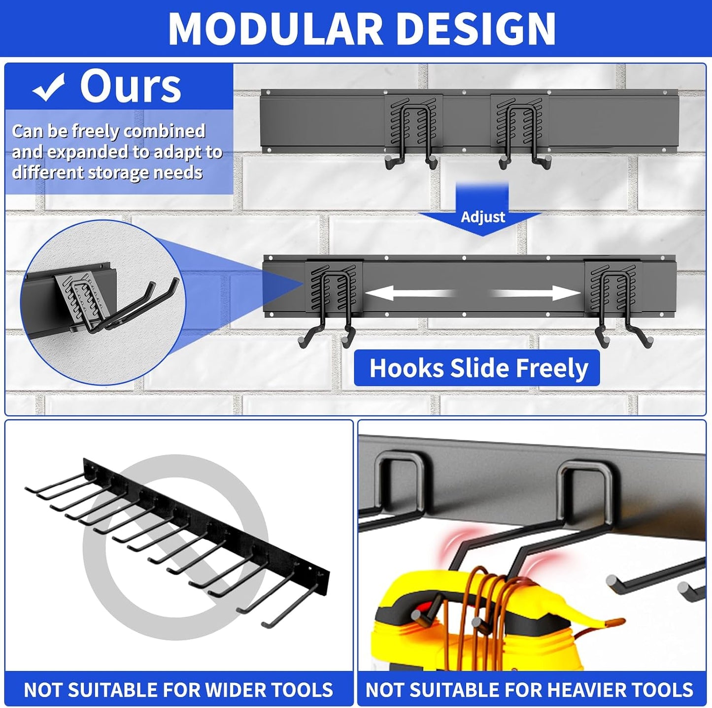 Garage Tool Organizer Wall Mount, 48 Inch Heavy Duty Garden Tool Organizer Storage System, Easy Install with 6 Adjustable Straight Hooks, for Garage, Basement, Shed, Workshop, Black, Steel