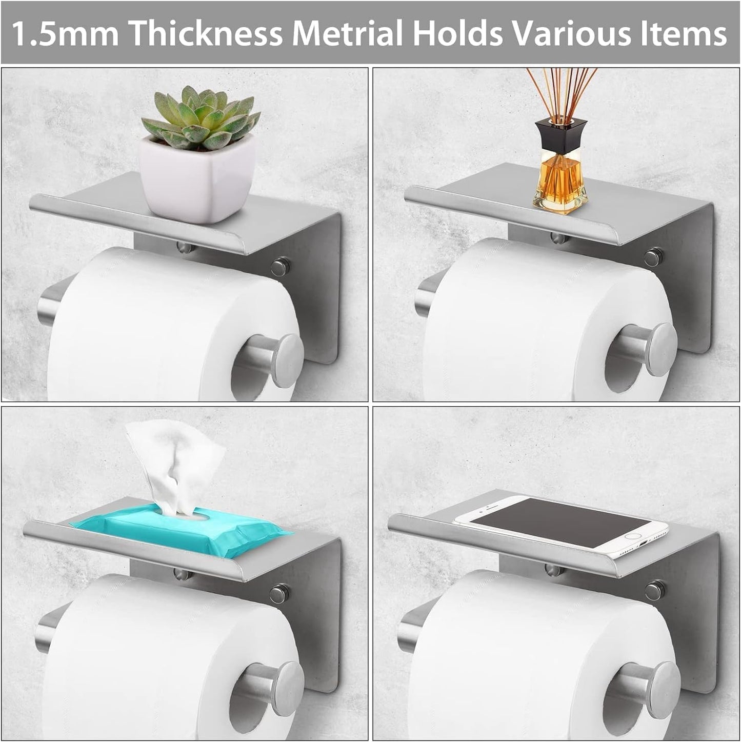 WDFAACK Chrome Toilet Paper Holder with Shelf for Extra Storage, 2-in-1 Wall Mounted Bathroom Tissue Stand for Cell Phone and Small Items