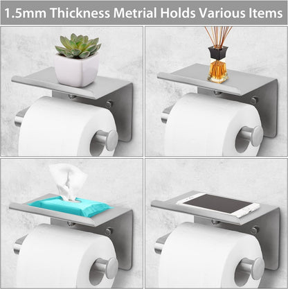 WDFAACK Chrome Toilet Paper Holder with Shelf for Extra Storage, 2-in-1 Wall Mounted Bathroom Tissue Stand for Cell Phone and Small Items