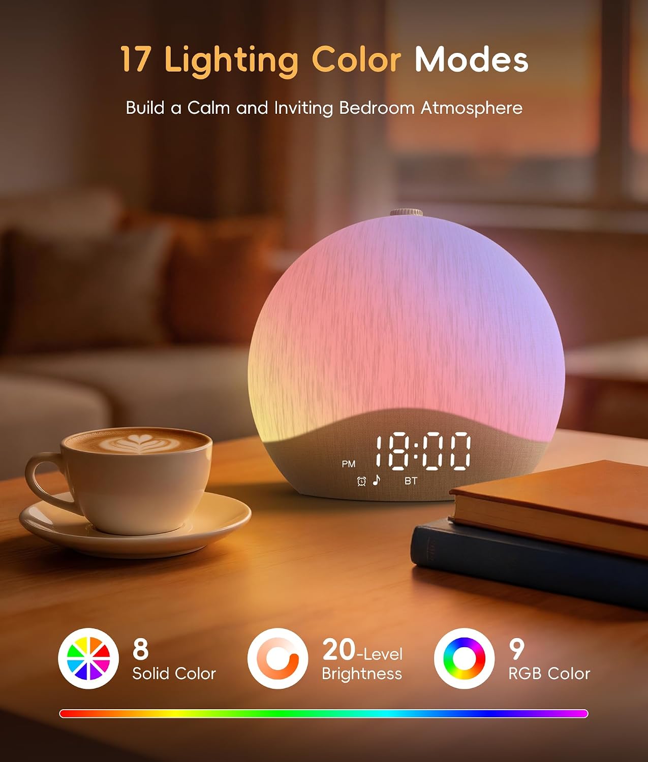 ecozy Sunrise Alarm Clock, White Noise Machine, Sound Machine for Bedroom | Wake Up Light with BT Speaker, 26 Sleep Sounds, 17 Night Lights, Dimmable Digital Clock for Adults, Kids