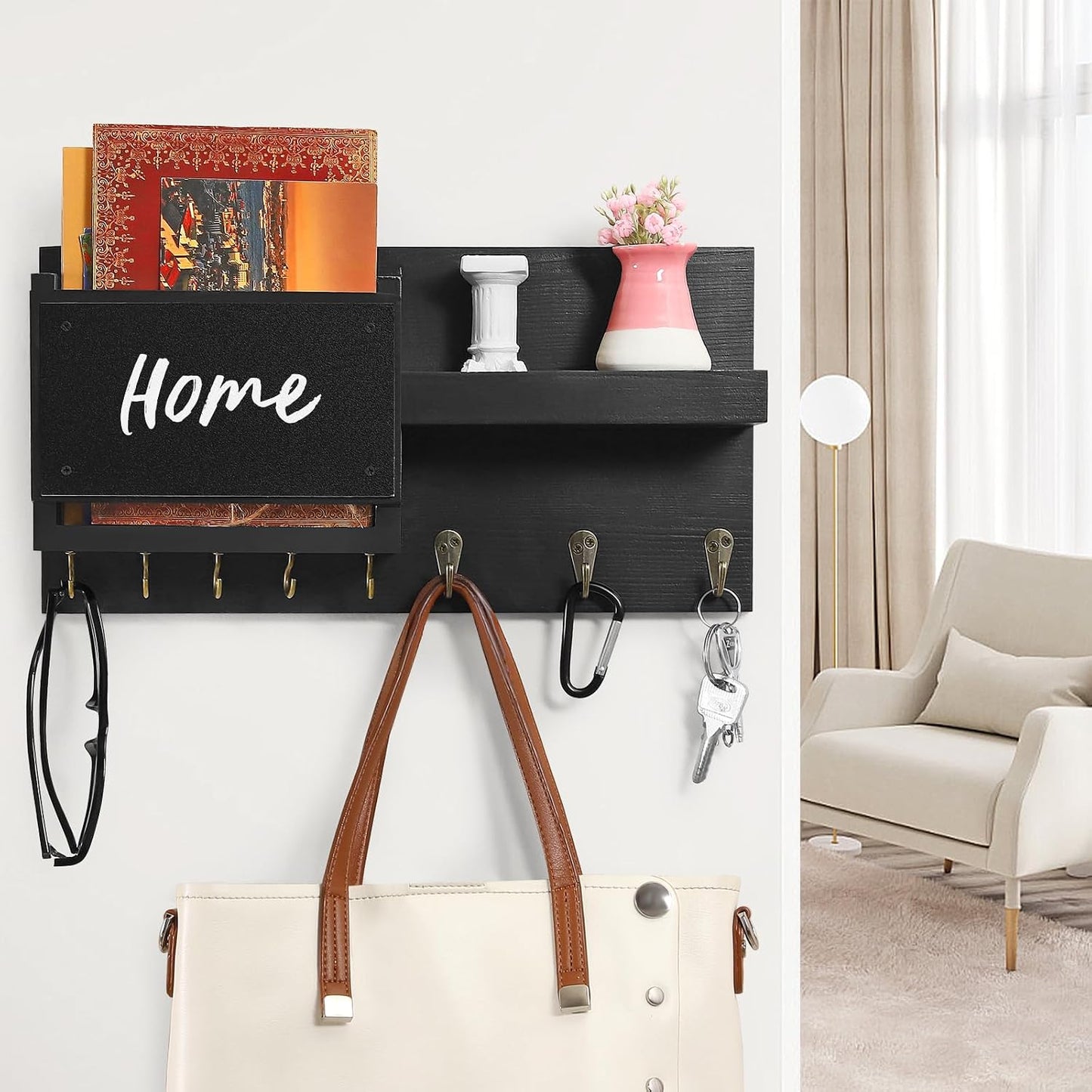 Decorative Key Hanging Rack with 8 Hooks – Easy Install Natural Wooden Key and Mail Holder for Wall Mount – Sunglasses Wallet Holder Entryway Decor with Shelf and Chalkboard (White)