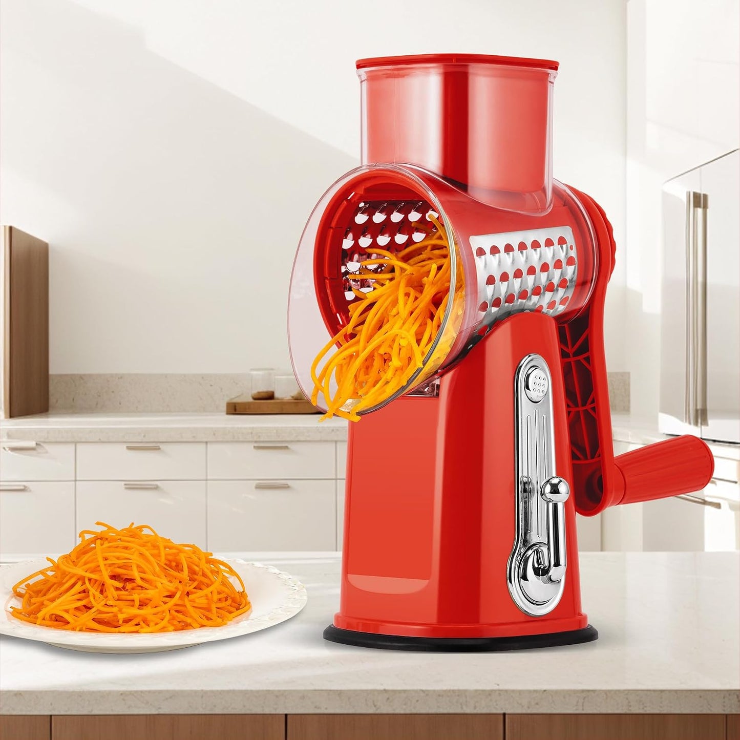 SUSTEAS Rotary Cheese Grater 5 Blades,Kitchen Mandoline Vegetable Slicer | White, Easy to Clean, Strong Suction Base, 5 Blades Storage Box, Round Mandoline Slicer & Food Chopper for Salad