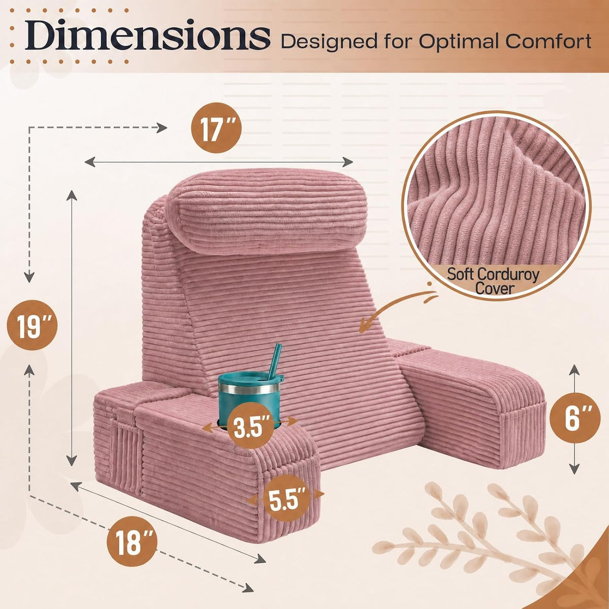 Reading Pillow/Backrest Pillow with Arms, Cup Holder & Phone Pocket