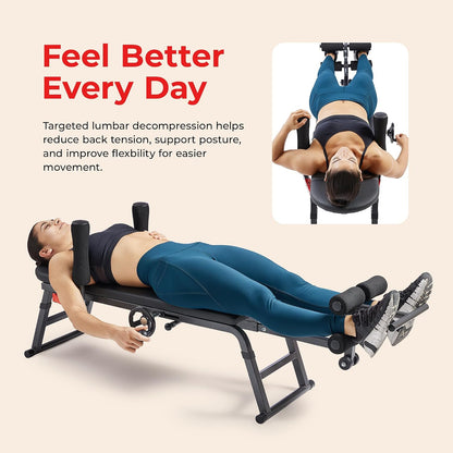 Sunny Health & Fitness Decompression Stretch Table for Back Pain Relief | No-Hang Inversion Therapy, 400LB Capacity, Precise Stretch Control, Spinal Alignment Support, Improved Flexibility