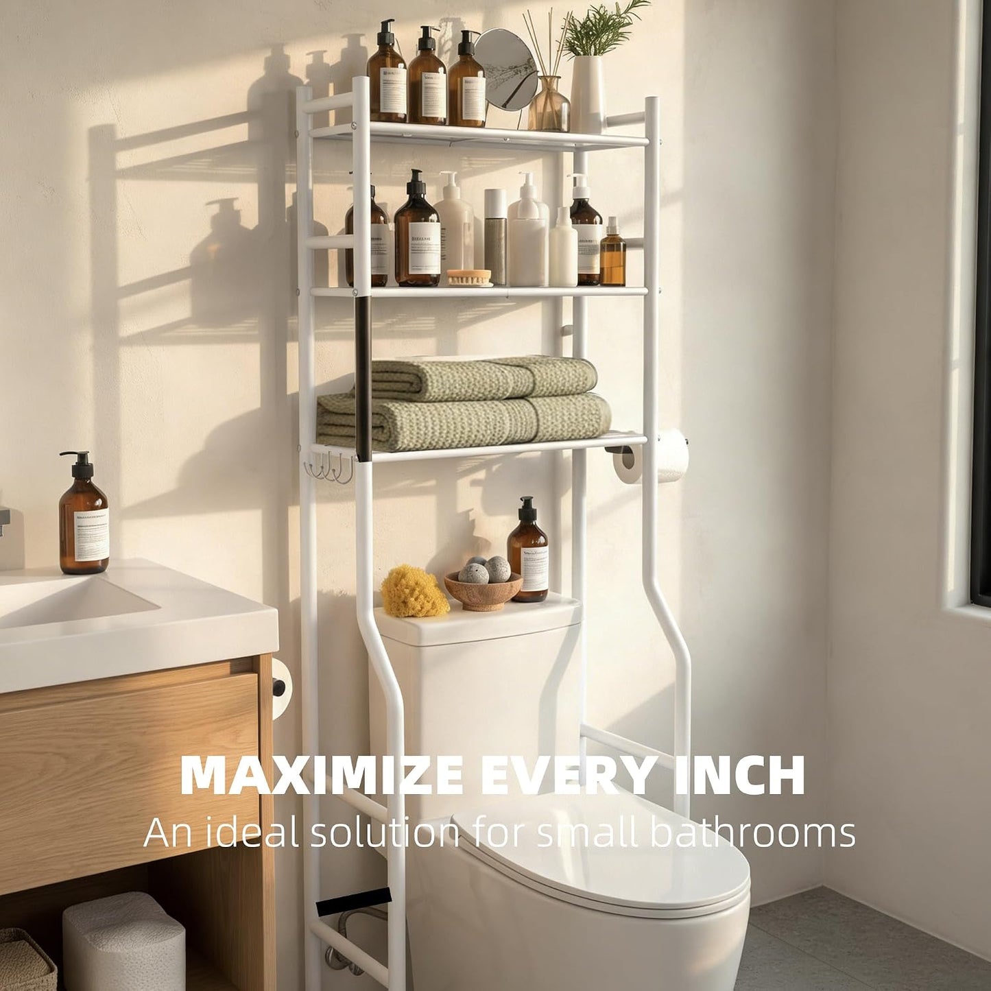 GloTika 3-Tier Over Toilet Storage, Anti-Tilt, 64" H, Black | Anti-Tilt Safety System, 150lb Capacity, Carbon Steel, Freestanding, No Drilling, Anti-Rust Coating, Paper Holder & 4 Hooks