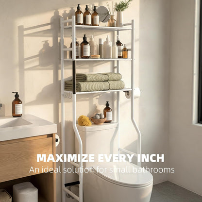 GloTika 3-Tier Over Toilet Storage, Anti-Tilt, 64" H, Black | Anti-Tilt Safety System, 150lb Capacity, Carbon Steel, Freestanding, No Drilling, Anti-Rust Coating, Paper Holder & 4 Hooks