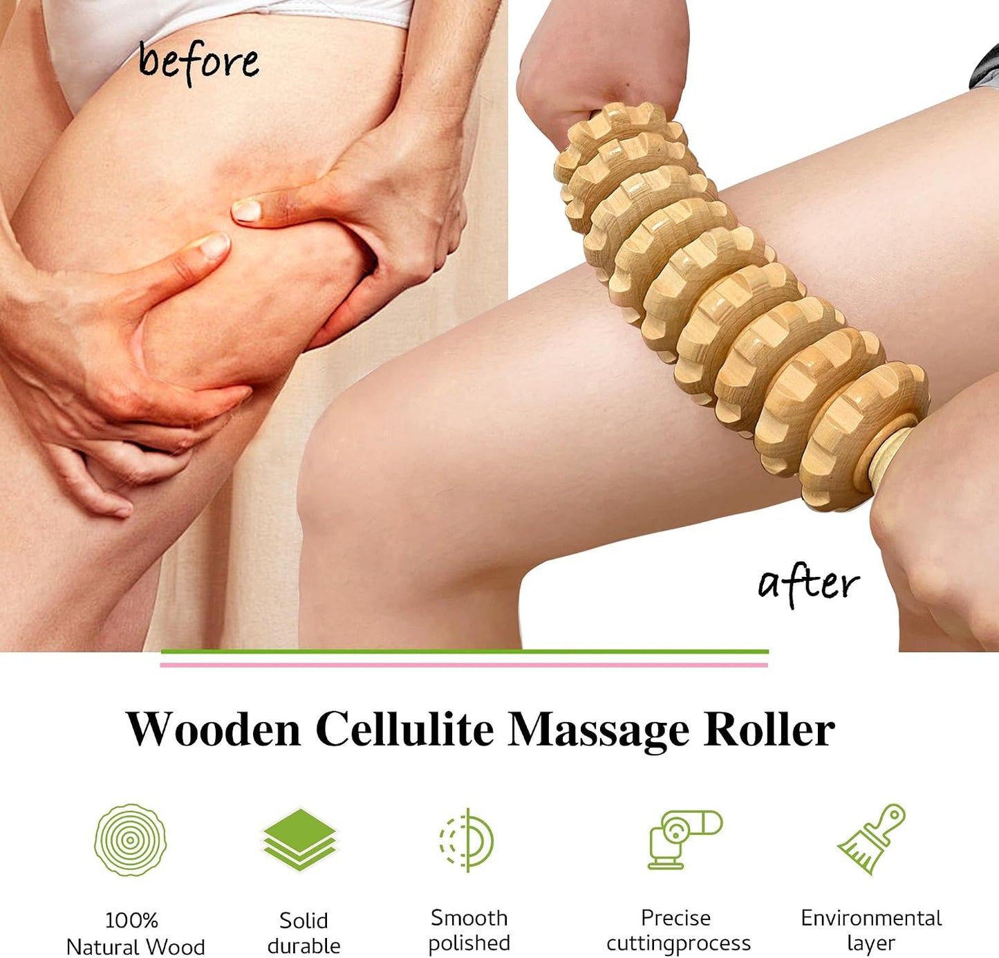 Manual Wood Therapy Massage Stick, Wooden Cellulite Muscle Roller for Legs | Body Sculpting, Lymphatic Drainage Massager, Wooden Massage Tools for Trigger Points Relief, Sore Muscle Recovery