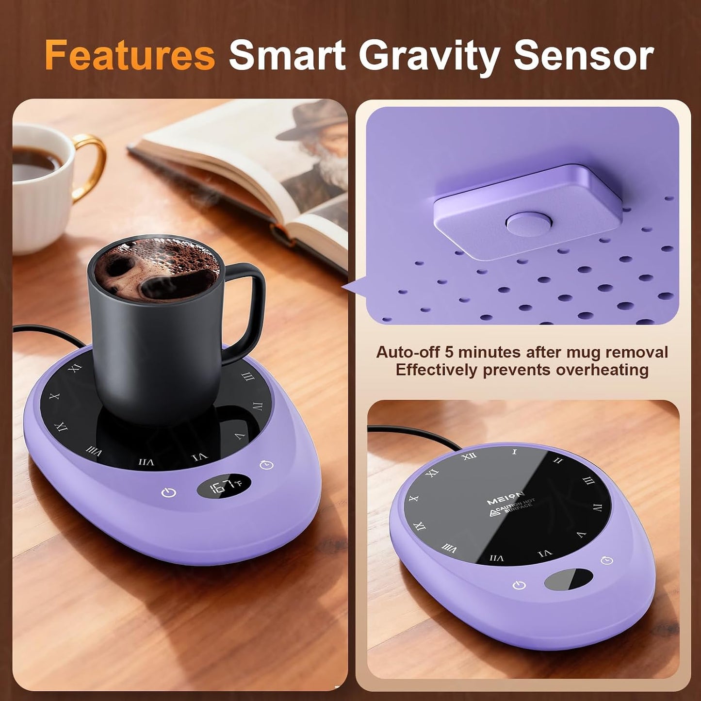 MEION Coffee Mug Warmer for Desk, Coffee Cup Warmer, 4 Temp Settings & 1-12H Timer, Coffee Warmer with Auto Shut Off Smart Gravity Sensor, Beverage & Candle Warmer Coffee Gifts Accessories(Black)