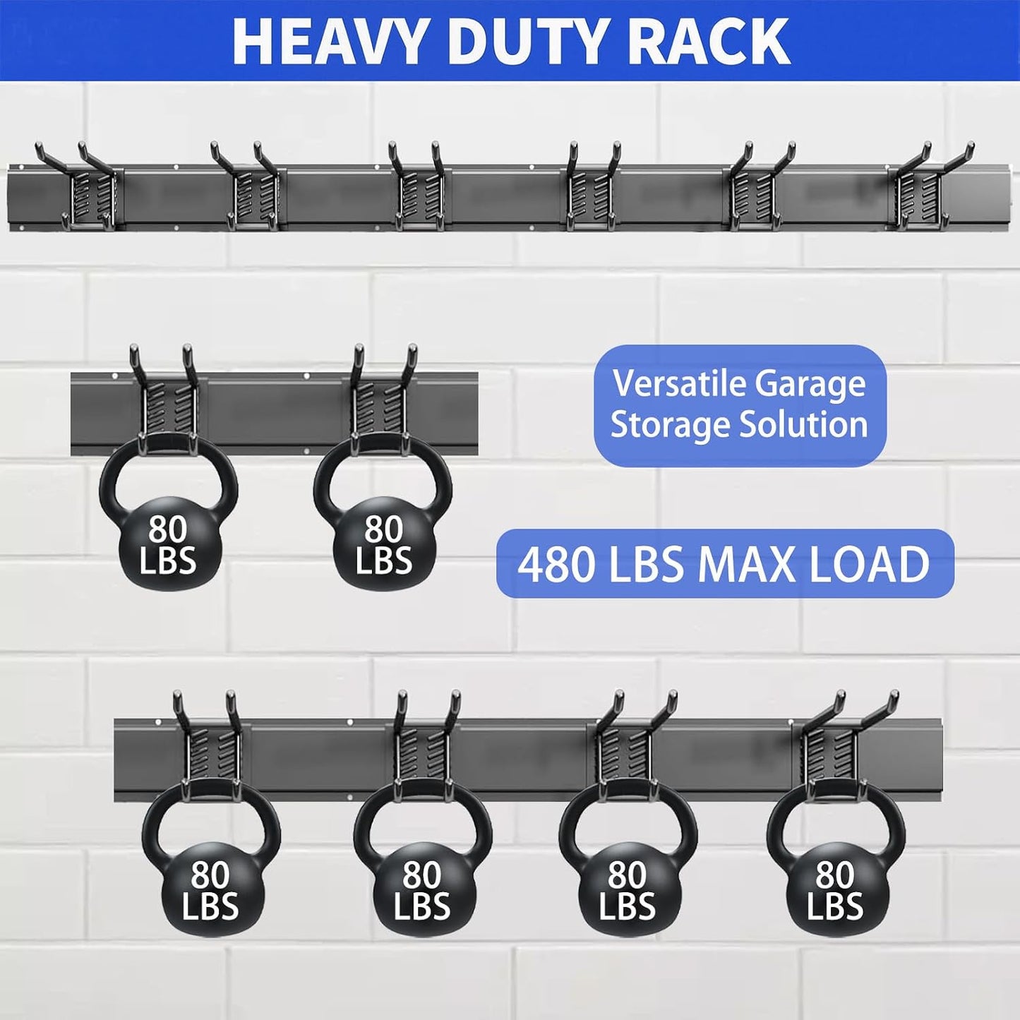 Garage Tool Organizer Wall Mount, 48 Inch Heavy Duty Garden Tool Organizer Storage System, Easy Install with 6 Adjustable Straight Hooks, for Garage, Basement, Shed, Workshop, Black, Steel