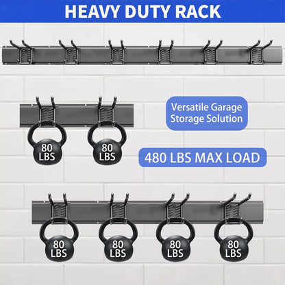 Garage Tool Organizer Wall Mount, 48 Inch Heavy Duty Garden Tool Organizer Storage System, Easy Install with 6 Adjustable Straight Hooks, for Garage, Basement, Shed, Workshop, Black, Steel