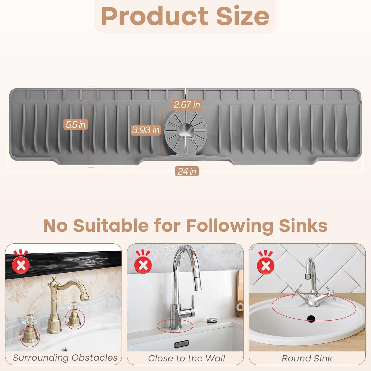 15.75 Inch Kitchen Sink Faucet Mat, Sink Protector&Splash Guard | Silicone, 10°Slope, Fast Self-draining, Snap Lock Fit, for Kitchen and Bathroom Countertop -15.75"x 5.51"