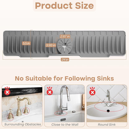 15.75 Inch Kitchen Sink Faucet Mat, Sink Protector&Splash Guard | Silicone, 10°Slope, Fast Self-draining, Snap Lock Fit, for Kitchen and Bathroom Countertop -15.75"x 5.51"