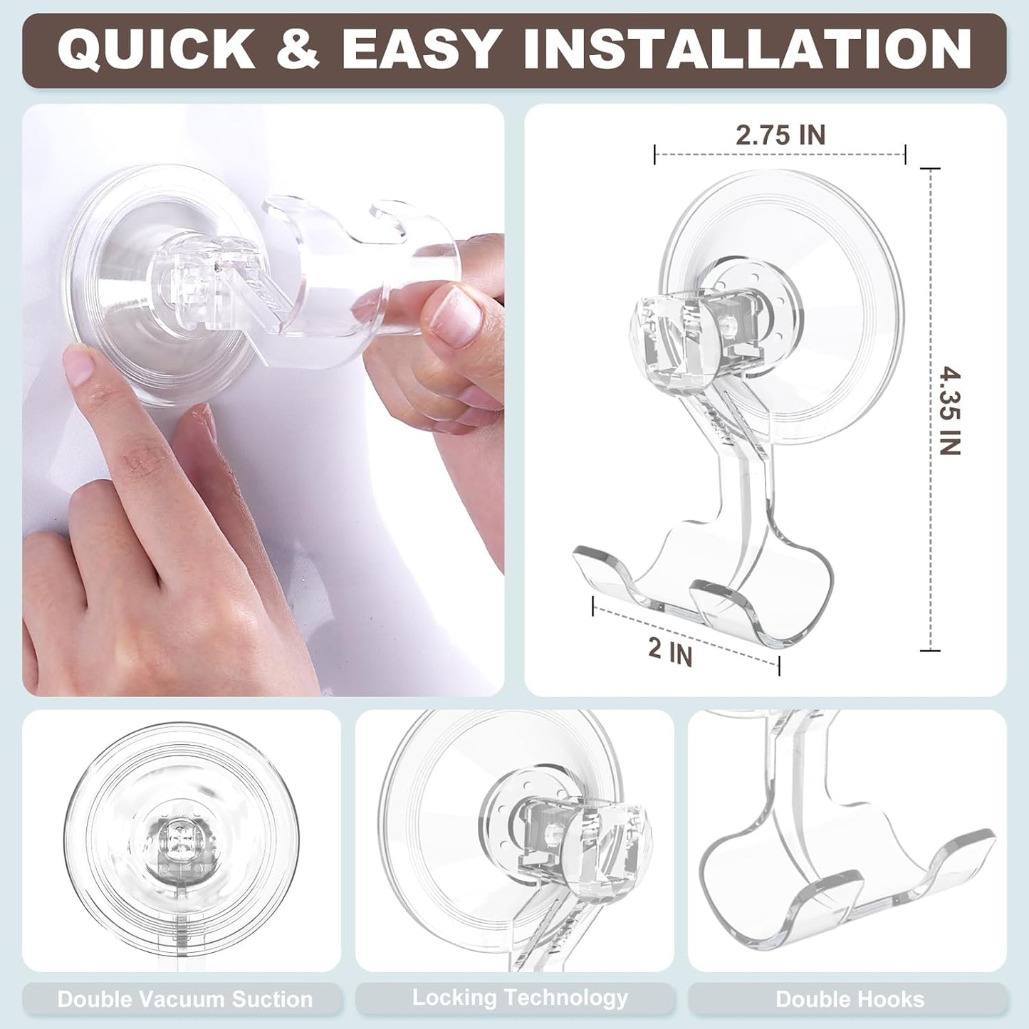 VIS'V Shower Suction Cup Razor Holder for His and Hers, Clear, 2 Pcs | Removable and Reusable, Clear Invisible Design, Locking Suction Technology, Dual Vacuum Suction, Fit for Smooth Flat Surfaces