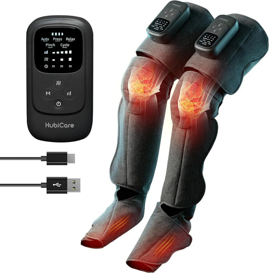 HubiCare Cordless Leg Massager with Heat and Air Compression for Circulation and Pain Relief, 5 Modes with 5 Intensities, Reduce Swelling, Muscles Relaxation Device (Black)