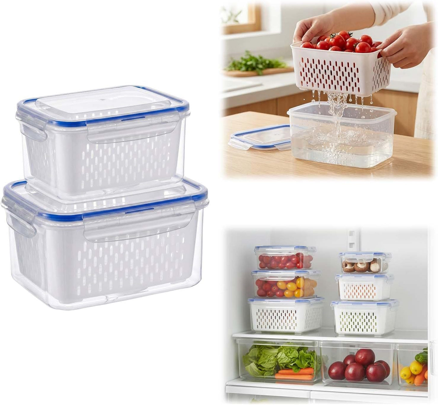 Fruit Storage Containers for Fridge with Removable Colander, Airtight Produce Storage Containers with Lids, Fridge Organizers and Storage for Berry, Fruit, Vegetables, Salad & Meal Prep (Gray, S+M+L)