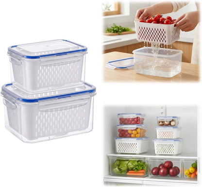 Fruit Storage Containers for Fridge with Removable Colander, Airtight Produce Storage Containers with Lids, Fridge Organizers and Storage for Berry, Fruit, Vegetables, Salad & Meal Prep (Gray, S+M+L)