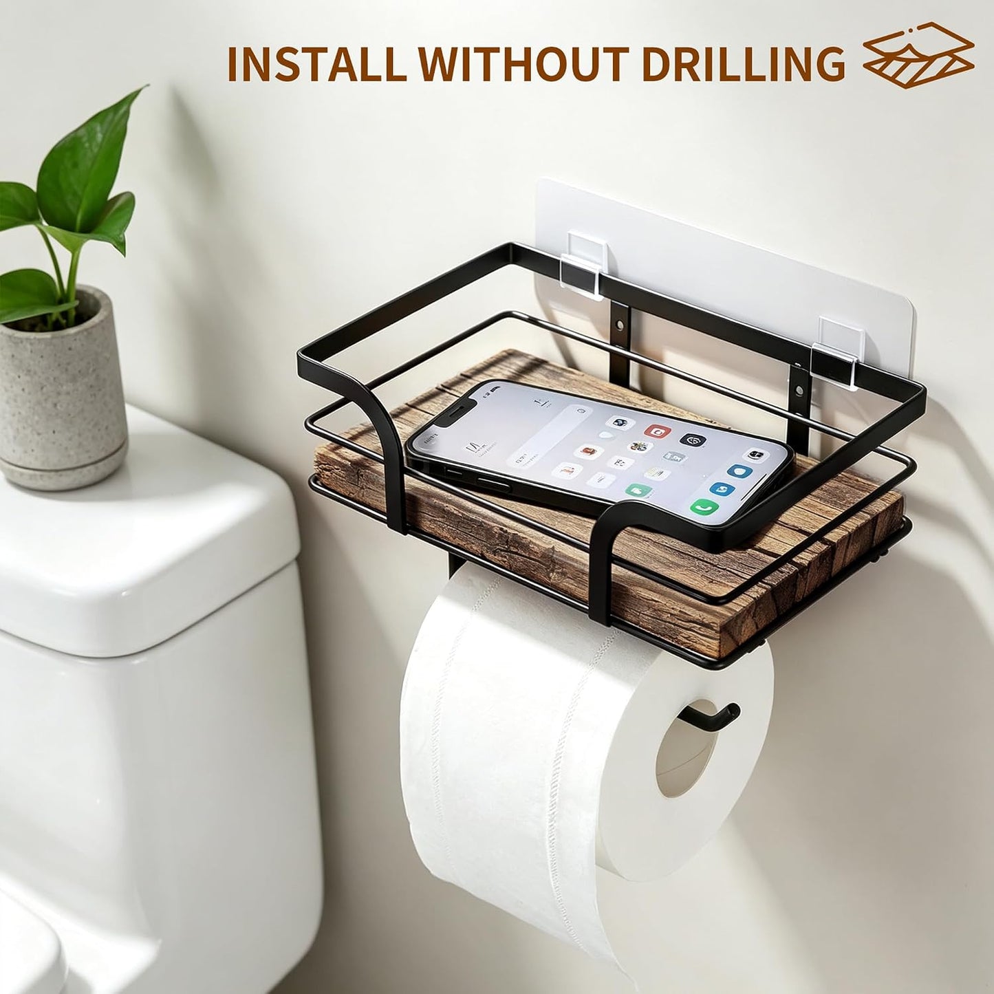 Rustic Toilet Paper Holder with Shelf, Wall Mounted | Farmhouse design, reversible left/right holder, adhesive & screw installation, raised guard shelf