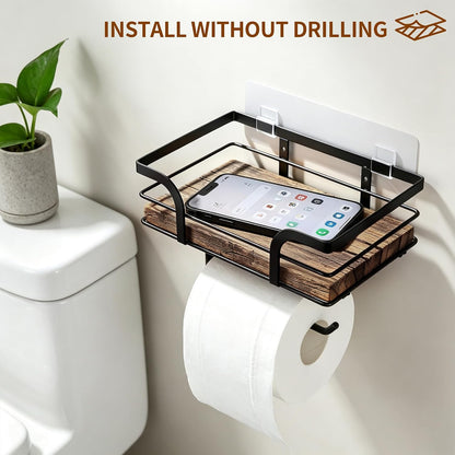 Rustic Toilet Paper Holder with Shelf, Wall Mounted | Farmhouse design, reversible left/right holder, adhesive & screw installation, raised guard shelf