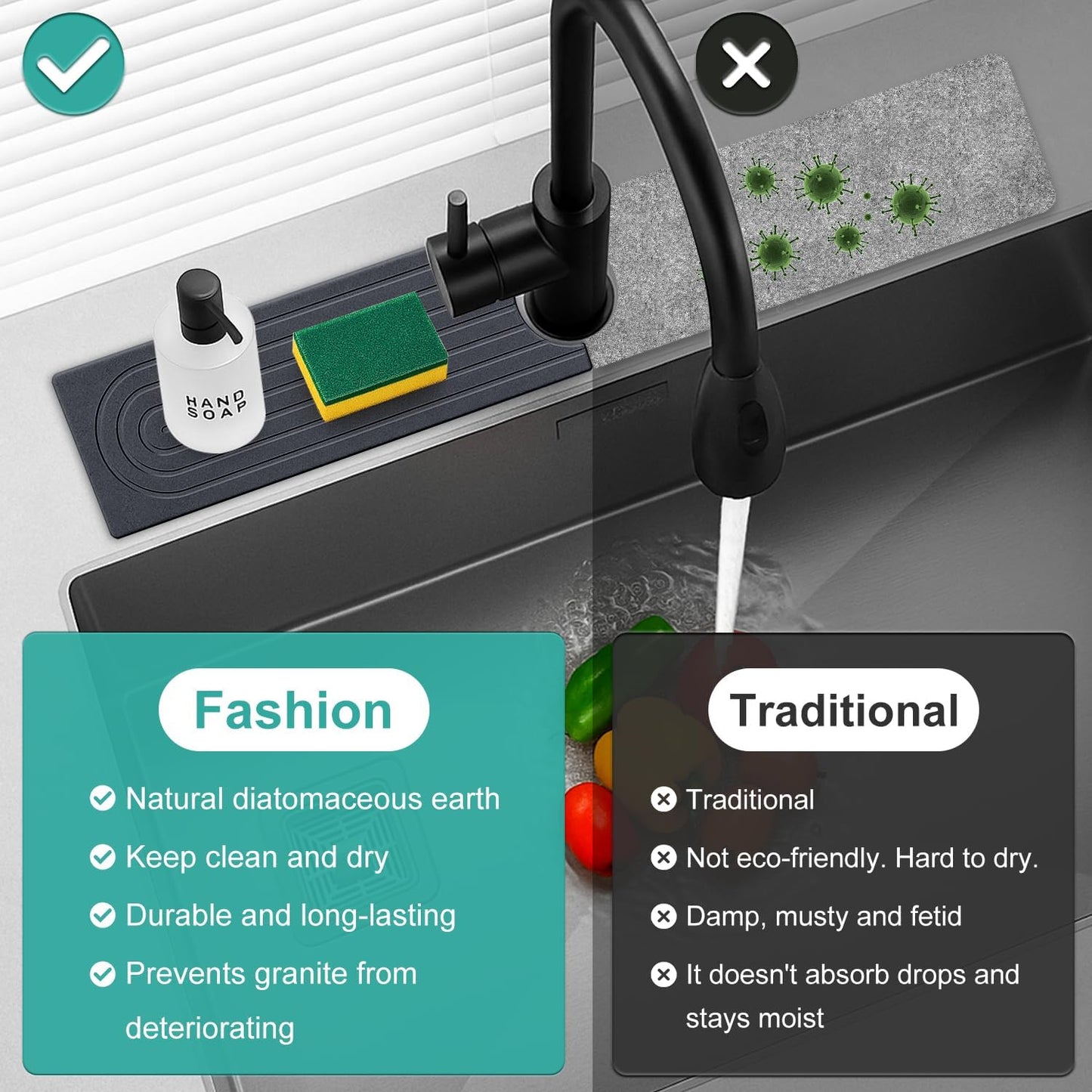 Fast Dry Stone Faucet Mat for Bathroom Sink Kitchen Counter Marble Trays | Small Diatomite Sink Splash Guard White Absorbent Tray Counter Quick Drying Stone Kitchen Diatomaceous Earth Around Faucet