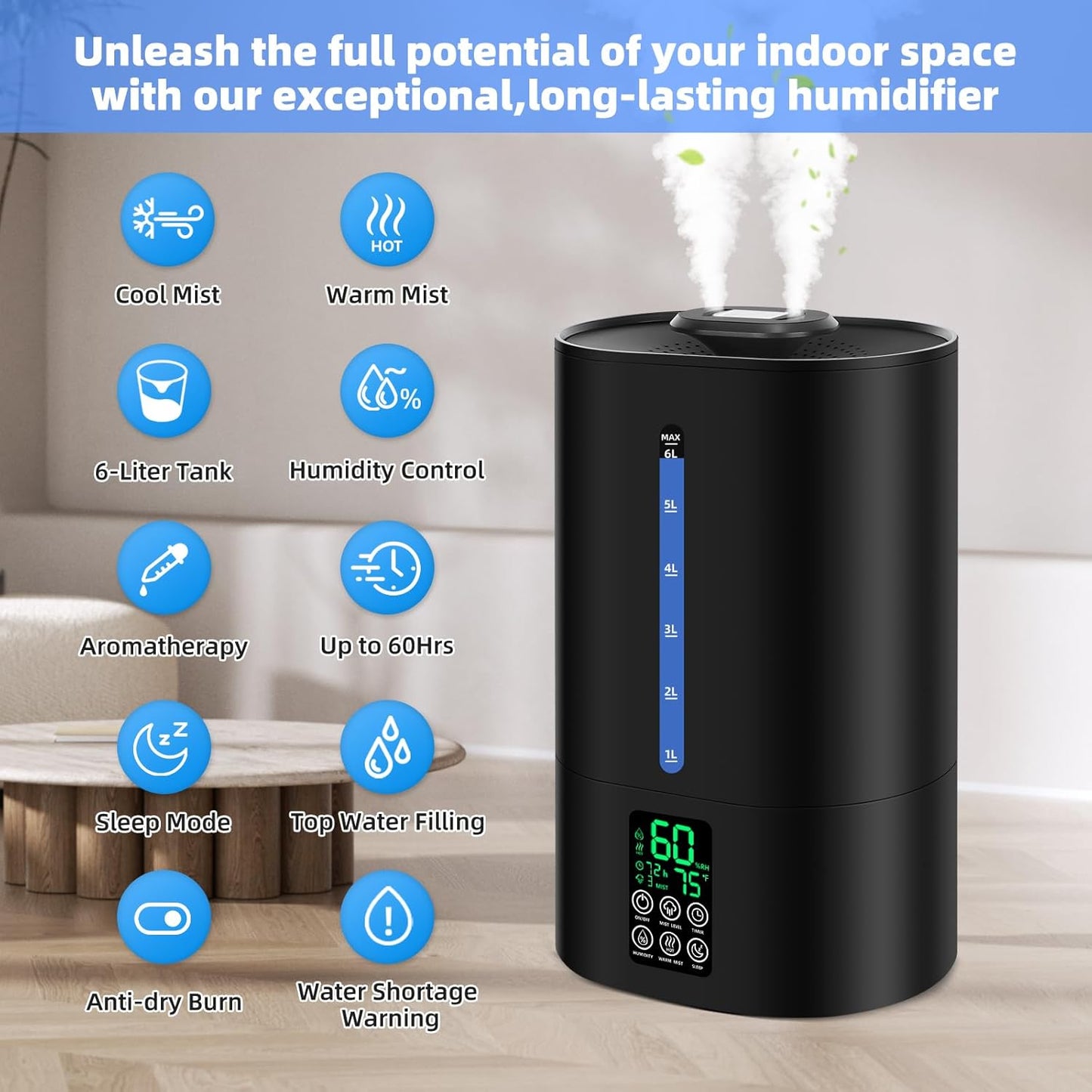Coolfiqu 6L Humidifiers for Bedroom Large Room Home,Cool and Warm Humidifier for Baby and Plants Hot Mist Top Fill Desk Humidifier Oil Diffuser,Quiet,Auto Mode,360°Nozzle-Midnight Black(2026 Upgraded)