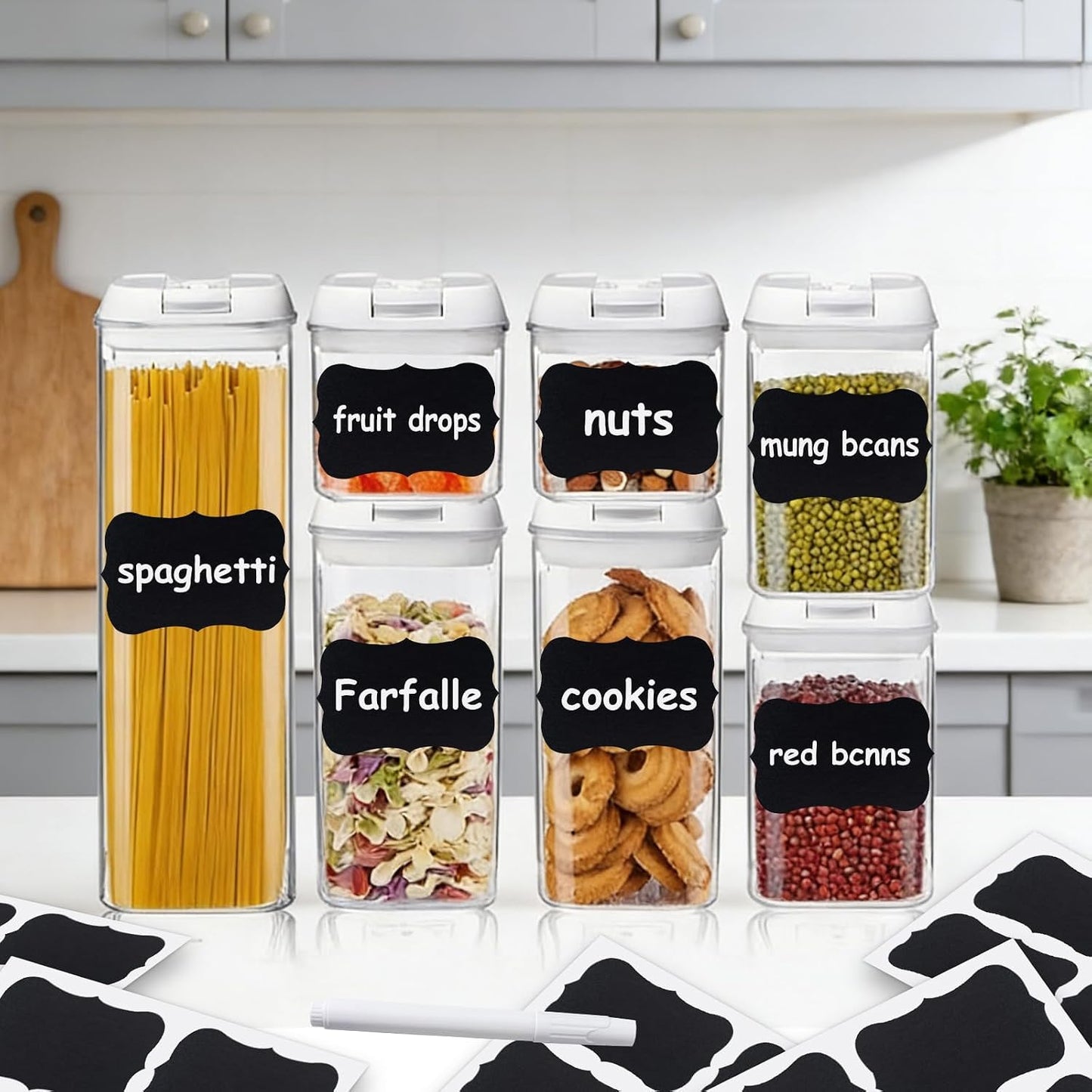 200PCS Chalkboard Labels, 13 Shapes & 3 Sizes, Reusable Blackboard Stickers | Includes 1 Liquid Chalk Marker, for Pantry Jars, Food Containers, Spice Racks & Organization