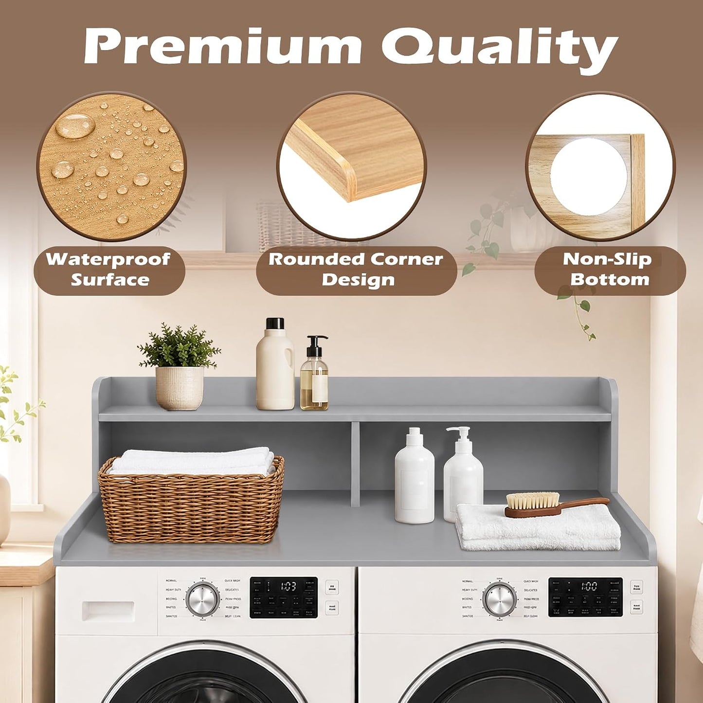 Royxen Laundry Countertop with 2-Tier Shelf Universal Fit, Washer and Dryer Countertop with Storage Space, Shelf Height 11.5 Inches, Solid Wood Core, Walnut