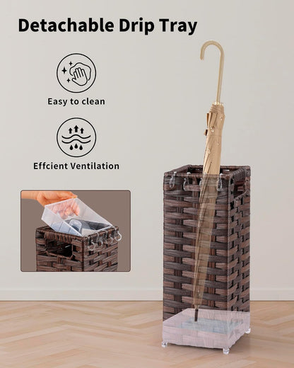 Rattan Umbrella Stand, Umbrella Holder for Entryway, Hand Woven Umbrella Rack Organizer Freestanding, with a Detachable Drip Tray, 4 Hooks, 11.8" L x 5.5" W x 16.5" H, Natural