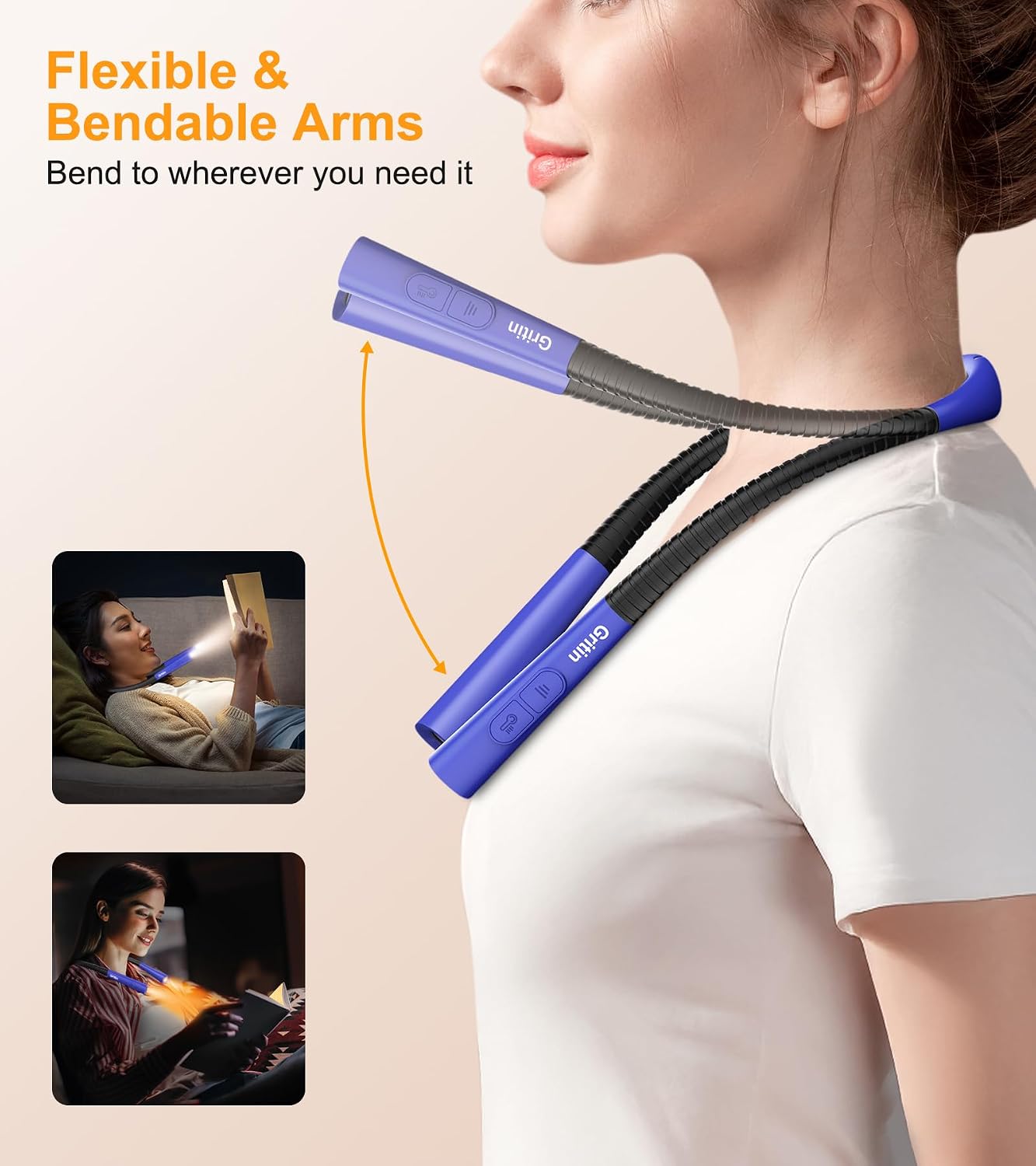 Gritin Book Light, Eye Caring 4-Color&5-Brightness Neck Light Reading Light | Stepless Dimming, 30-min Timer, 80+ Hrs Runtime, Bendable Round Neck Design, Lightweight for Reading, Knitting, Repairing