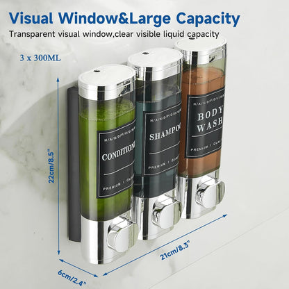 Shampoo and Conditioner Dispenser,Shower Soap Dispenser 3 Chamber No Drill Wall-Mounted Shampoo Dispenser for Shower Wall Mounted Shower Dispenser for Bathroom Hotel Large Capacity,Black