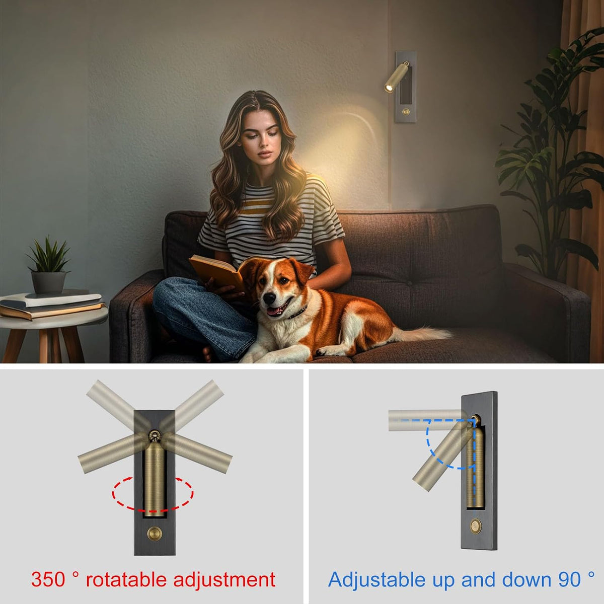 LED Bedroom Lamp Headboard Wall Light Sconce, Bedside Reading Light Recessed Push Switch Wall Lamps, Hotel Bed Side Decorative Wall Sconces Spotlight, 360° Rotatable 92° Foldable (Brass+Black)