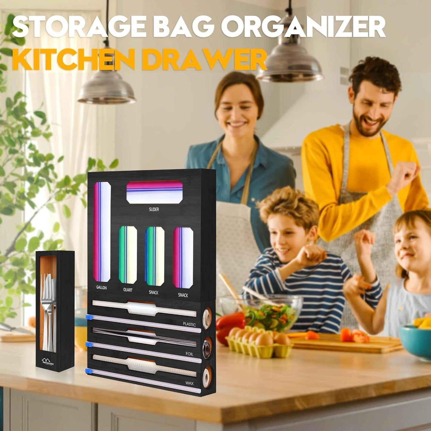 9 in 1 Foil and Plastic Wrap Dispenser with Cutter, Black Bamboo Ziplock Bag Organizer for Drawer - Holds Gallon, Quart Bags & Aluminum Foil/Wax Paper, Wall Mountable Kitchen Storage