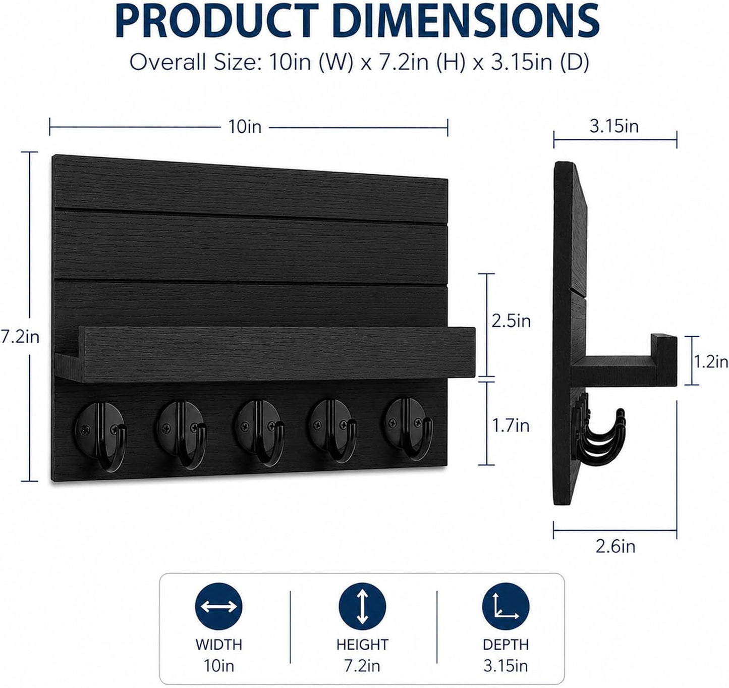 Key Holder for Wall, Decorative Key and Mail Holder, Key Holder Wall Mount with Shelf and Large Hooks, Easy Installation Key Rack for Entryway and Home Decor
