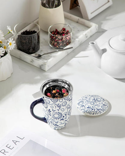 vancasso SELENE Porcelain Tea Mug, 18 oz Porcelain Tea Cup with Infuser and Lid Steeps Loose Leaf Tea, Microwave & Dishwasher Safe, Five-Leaf Clover